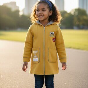 (D-117)Girls Mustard Yellow Hooded Coat Size 7 Zip Front Pockets Cute Patch Jack